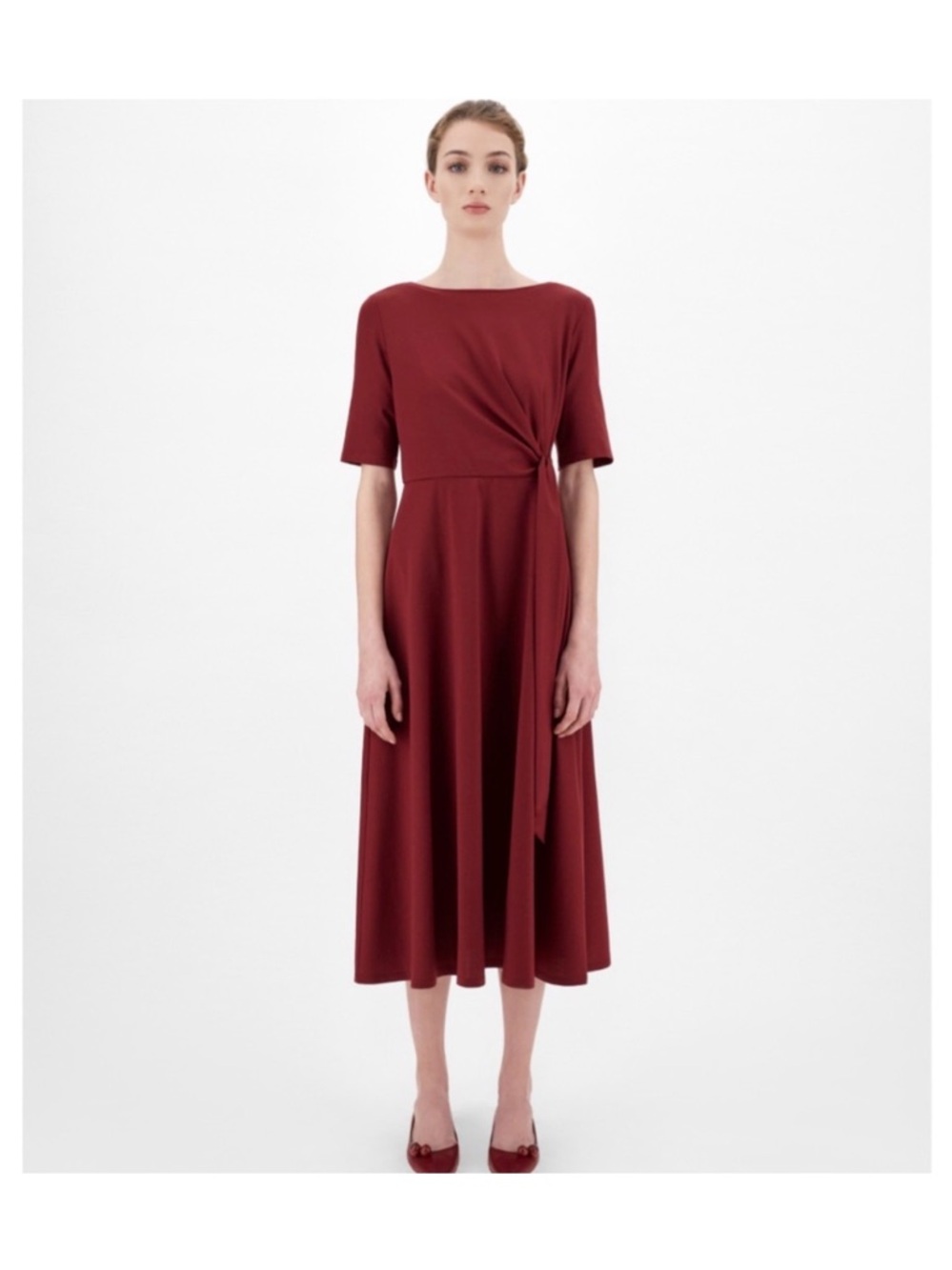 Elegant Wine-Red Midi Dress with Side Tie
